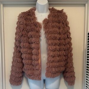 NWT Cupshe Mauve Teddy Fringe Open-Front Jacket